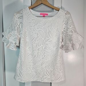 Lilly Pulitzer White Lace Ruffle Sleeve Blouse Top Size S
